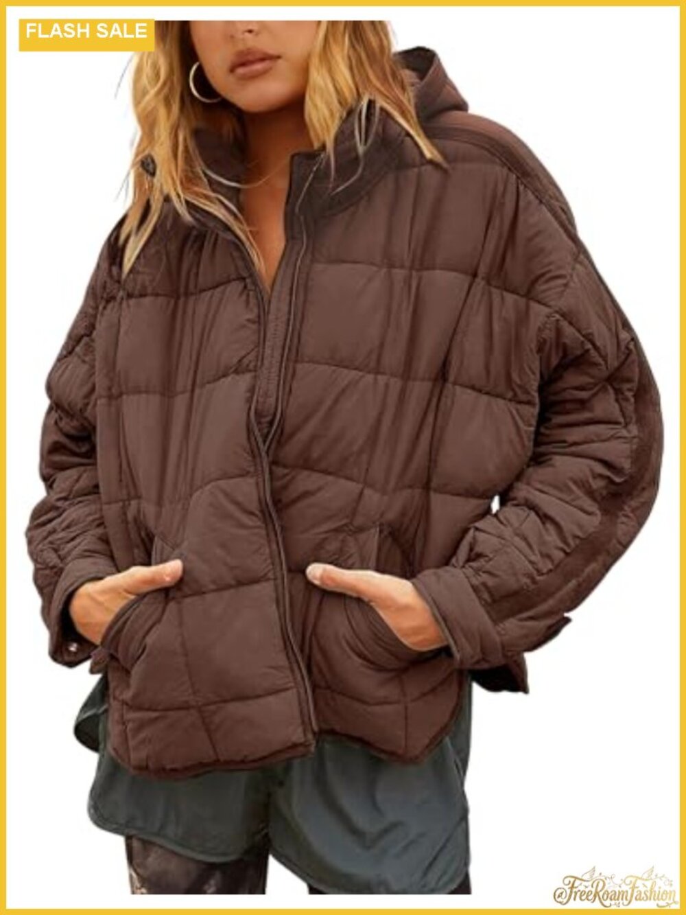 Oversized Quilted Lightweight Hooded Puffer Jacket Nylon Loose Fit